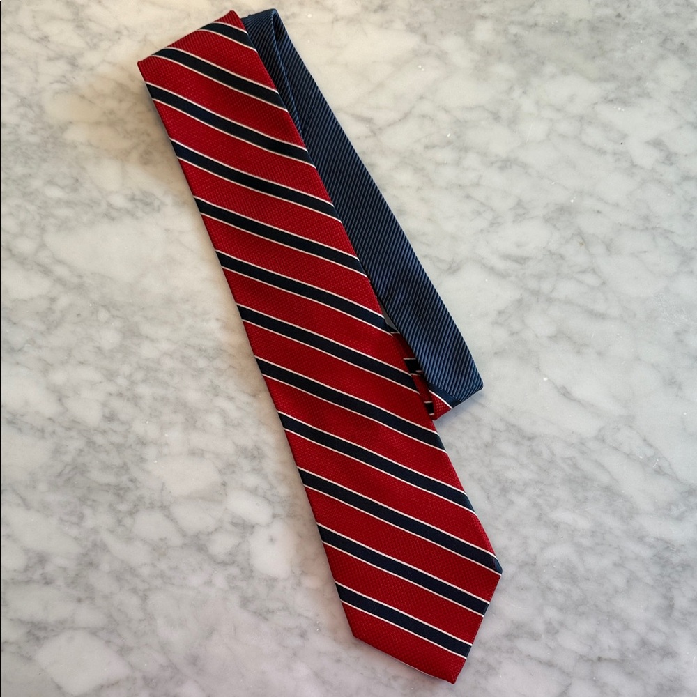 Classic Tommy Hilfiger Red and Navy Striped Men's 100% Silk Tie